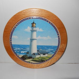 Vintage Wood Framed Round Ceramic Tile Wall Plaque / Trivet Hot Pad  - Lunenburg Craftsmen Nova Scotia Canada - Lighthouse Waterfront Ocean