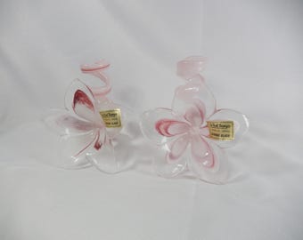 2 Vtg MURANEGLAS Rosa Blumen mit Twisted / Swirled Stiele | A. Dal Borgo Venedig Italien | Venezia 2er Set | Vintage Paar mit Tags !
