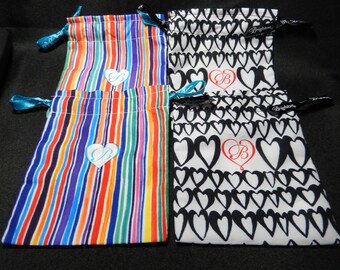 Lot of 4 BRIGHTON Cloth Jewelry Drawstring Pouch  - 6" Cinch Travel Gift Dust Bags - Black & White Hearts and Multi-Color Stripes