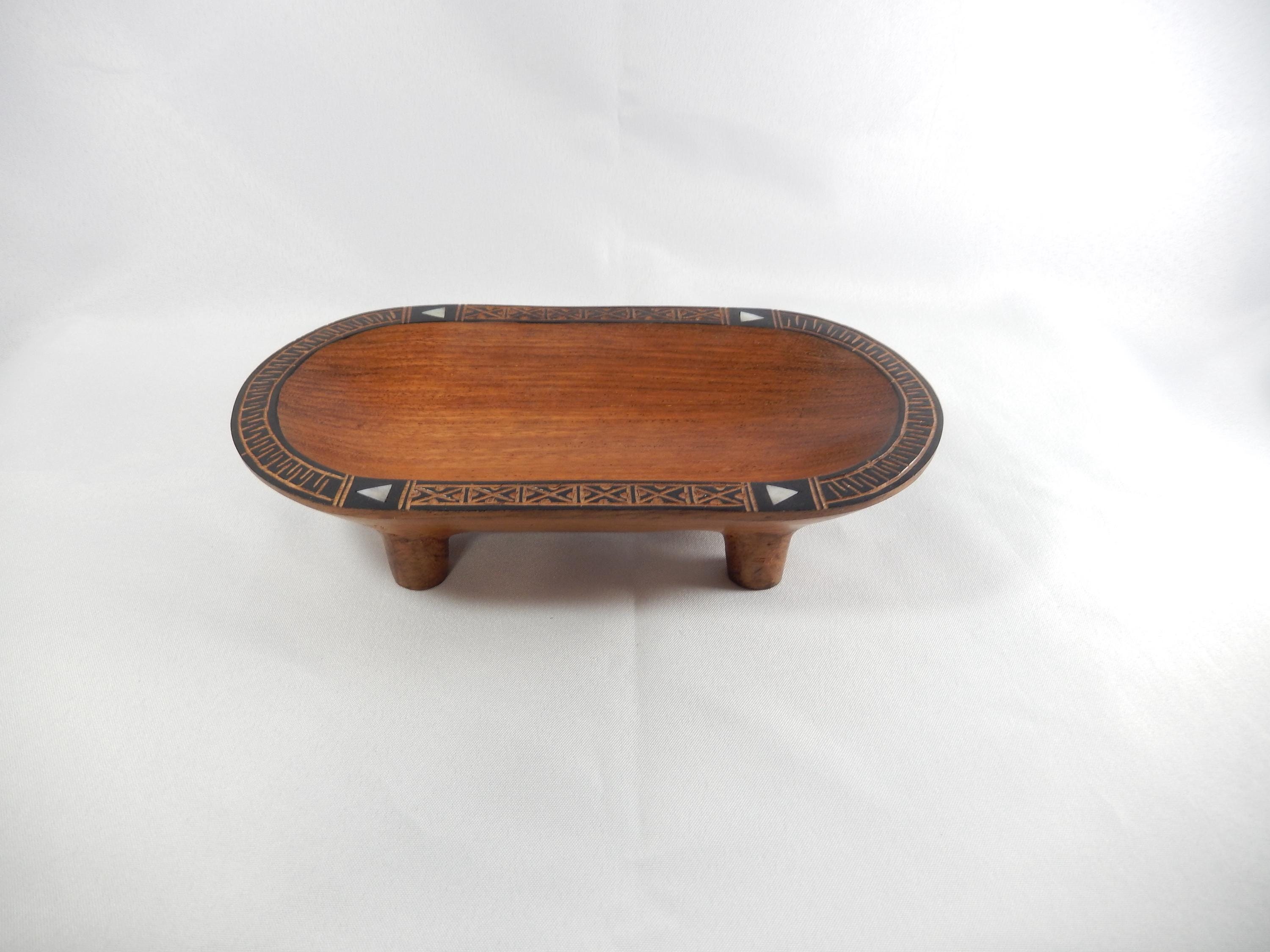 Vtg FIJI KAVA TANOA Wooden Bowl Hand Carved Vintage Fijian Footed Wood Dish w/ Mother Of Pearl Inlay Design Oblong Oval Shape