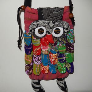 OWL PATCHWORK CROSSBODY Bag / Purse - Multi-Color Fabric Child or Adult w/ Velcro Closure & Zipper  Pocket - Boho Hippie Drawstring Bag
