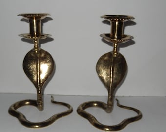 Two 10" Vintage BRASS King COBRA SNAKE Candle Holders / Candlesticks - Rare Floral Design / Pattern - Serpent / Reptile Candle Stick Holders