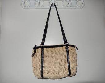 BRIGHTON RAFFIA WOVEN Purse - Beige Handbag / Tote with Black Trim - Lovely Beach / Vacation Tote Bag