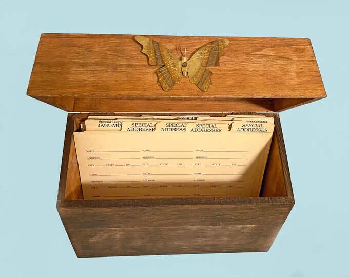 XL Vintage Wooden File Box With Metal Butterfly and File Cards Etsy