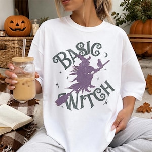 Enkel häxa Halloween-tröja Rolig häxtröja Kvastskaft Grafisk Spöklik säsongsoutfit Retro häxig höstkläder