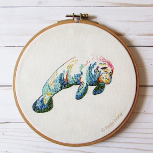 Manatee Embroidery Pattern - Rainbow Manatee - Endangered Animals - PDF - Instant download