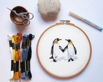 Penguin Love hand embroidery pattern - Thread Painting DIY - Animal Embroidery - PDF Instant download