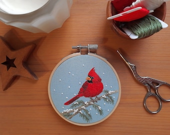 Winter Cardinal hand embroidery pattern - Christmas ornament DIY - Winter Embroidery - PDF Instant download