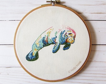 Manatee Embroidery Pattern - Rainbow Manatee - Endangered Animals - PDF - Instant download