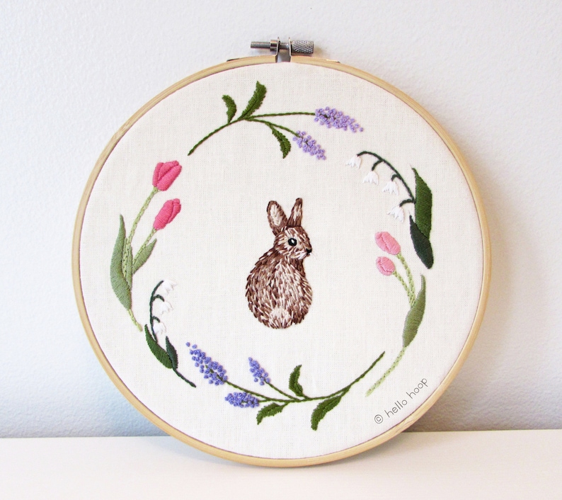 Easter bunny hand embroidery pattern Floral wreath bunny embroidery PDF Instant download image 1