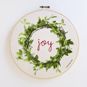 Christmas wreath cross stitch pattern, Joy, Holidays decor, botanical cross stitch, PDF  Instant download