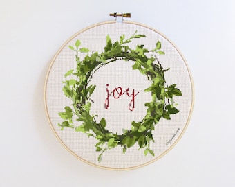 Christmas wreath cross stitch pattern, Joy, Holidays decor, botanical cross stitch, PDF  Instant download