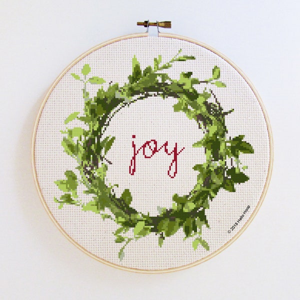 Christmas wreath cross stitch pattern, Joy, Holidays decor, botanical cross stitch, PDF  Instant download