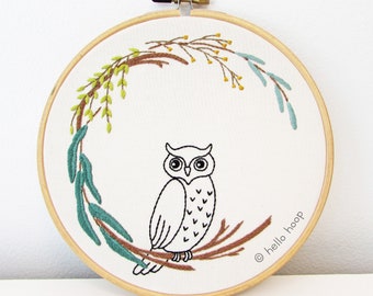 Owl Floral Wreath hand embroidery pattern - PDF file - Instant download