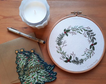 Christmas Holly Wreath hand embroidery pattern - Floral wreath - PDF Instant download