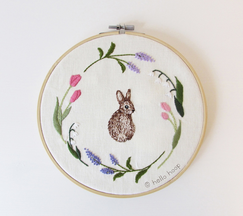 Easter bunny hand embroidery pattern Floral wreath bunny embroidery PDF Instant download image 2