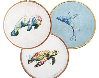 Marine Life Set of 3 Embroidery Patterns: Sea Turtle, Whale, Manatee (PDF)