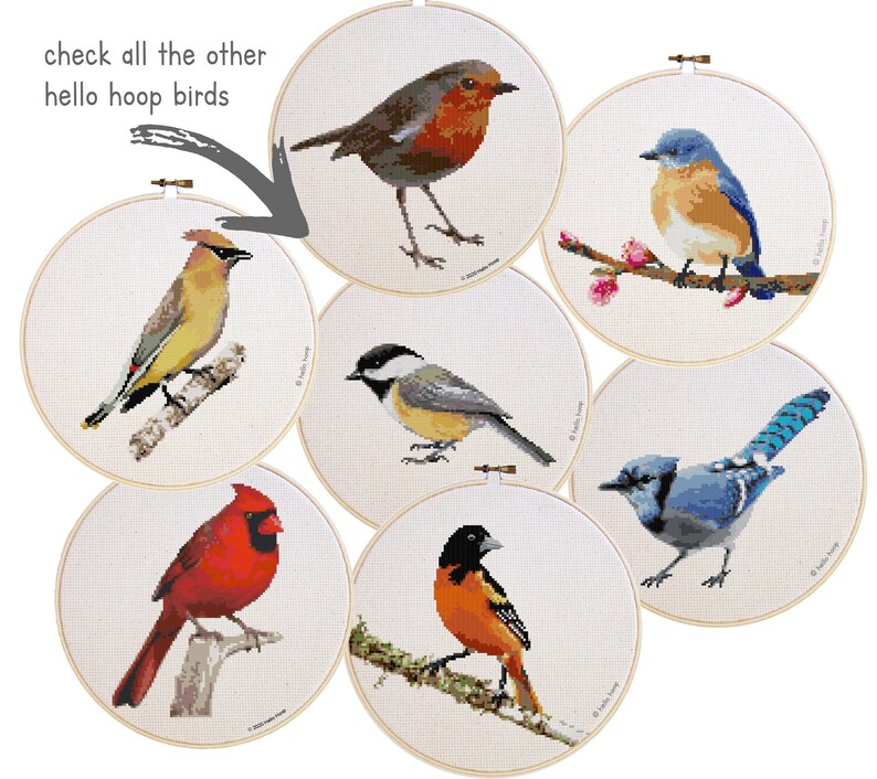 May include: A collection of seven cross-stitch embroidery hoops featuring various colorful birds. Each hoop showcases a different bird species, including a robin, bluebird, and cardinal, all set against a white background. The text "check all the other hello hoop birds" is in the upper left.