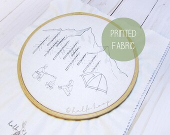 Camping Embroidery Fabric: Nature Scene Printed Cotton