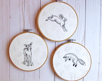 Frühling Waldtiere Set von 3 Stickmuster: Hase, Fuchs, Reh (PDF)