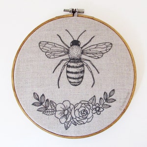 Honey Bee hand embroidery pattern - Monochrome insect - PDF Instant download