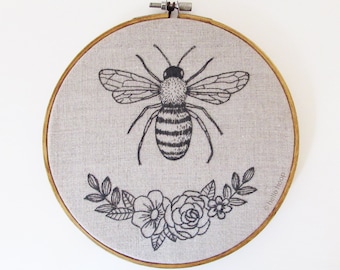 Honey Bee hand embroidery pattern - Monochrome insect - PDF Instant download