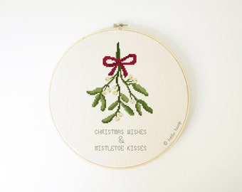 Christmas cross stitch pattern, mistletoe, holidays decor, botanical cross stitch, PDF  Instant download