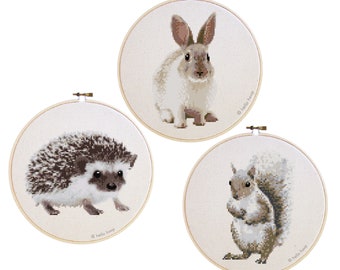 Woodland animals cross stitch pattern - PDF Instant download - set of 3 - Hedgehog Rabbit Squirrel