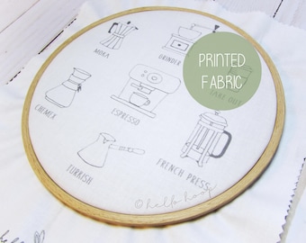 Coffee Embroidery Fabric: Printed Cotton, 7-inch Hoop Art