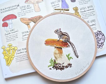 Chipmunk & Mushroom Embroidery Pattern: Thread Painting Guide (PDF Download)