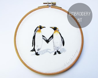 Hand Embroidery Valentine's Day Kit: Penguin Couple complete kit
