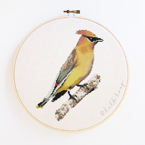 May include: A cross-stitch embroidery of a bird perched on a branch, set in a wooden hoop. The bird features yellow, brown, and black details. The background is white, and the hoop is secured with a brass clasp.
