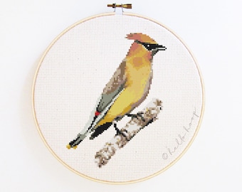 Cedar Waxwing backyard bird cross stitch pattern - birds embroidery - PDF - Instant download