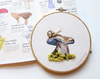 Snail & Mushroom hand embroidery pattern and guide - Mushroom Thread Painting - Nature Embroidery - PDF Instant download