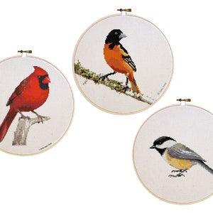Patrón de punto de cruz de aves de jardín: Cardenal, Oropéndola y Carbonero (Descarga PDF)