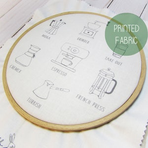 Coffee Embroidery Fabric: Printed Cotton, 7-inch Hoop Art
