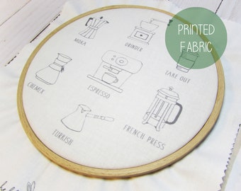 Coffee Embroidery Fabric: Printed Cotton, 7-inch Hoop Art