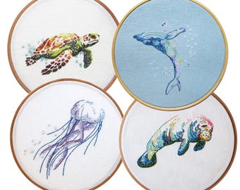 Marine Life Set of 4 Embroidery Patterns: Sea Turtle, Whale, Manatee, Jellyfish (PDF)
