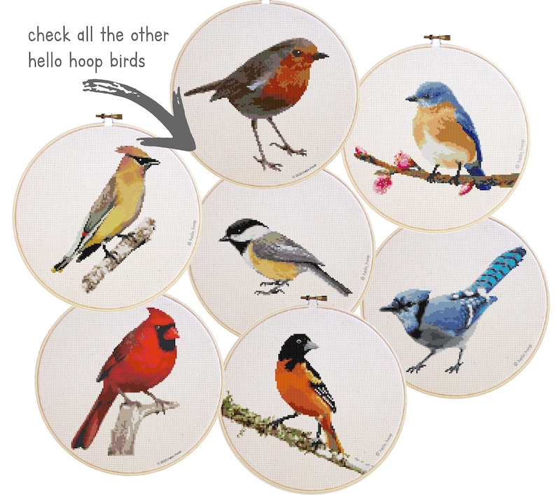 May include: A collection of seven embroidered bird designs in wooden hoops. Each hoop features a different bird, including a robin, bluebird, and cardinal, all set against a white background. Text reads "check all the other hello hoop birds".