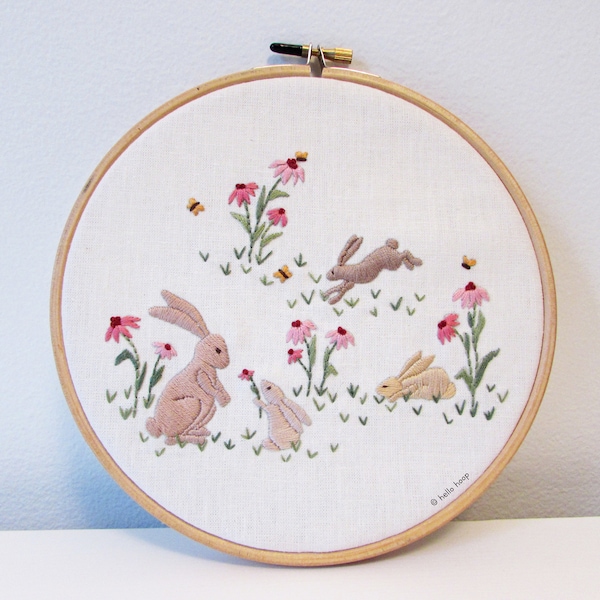 Spring bunnies hand embroidery pattern - Bunny rabbits - Easter embroidery - PDF - Instant download