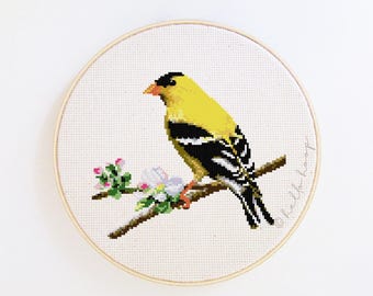 American Goldfinch and cherry blossom cross stitch pattern - bird embroidery - PDF - Instant download