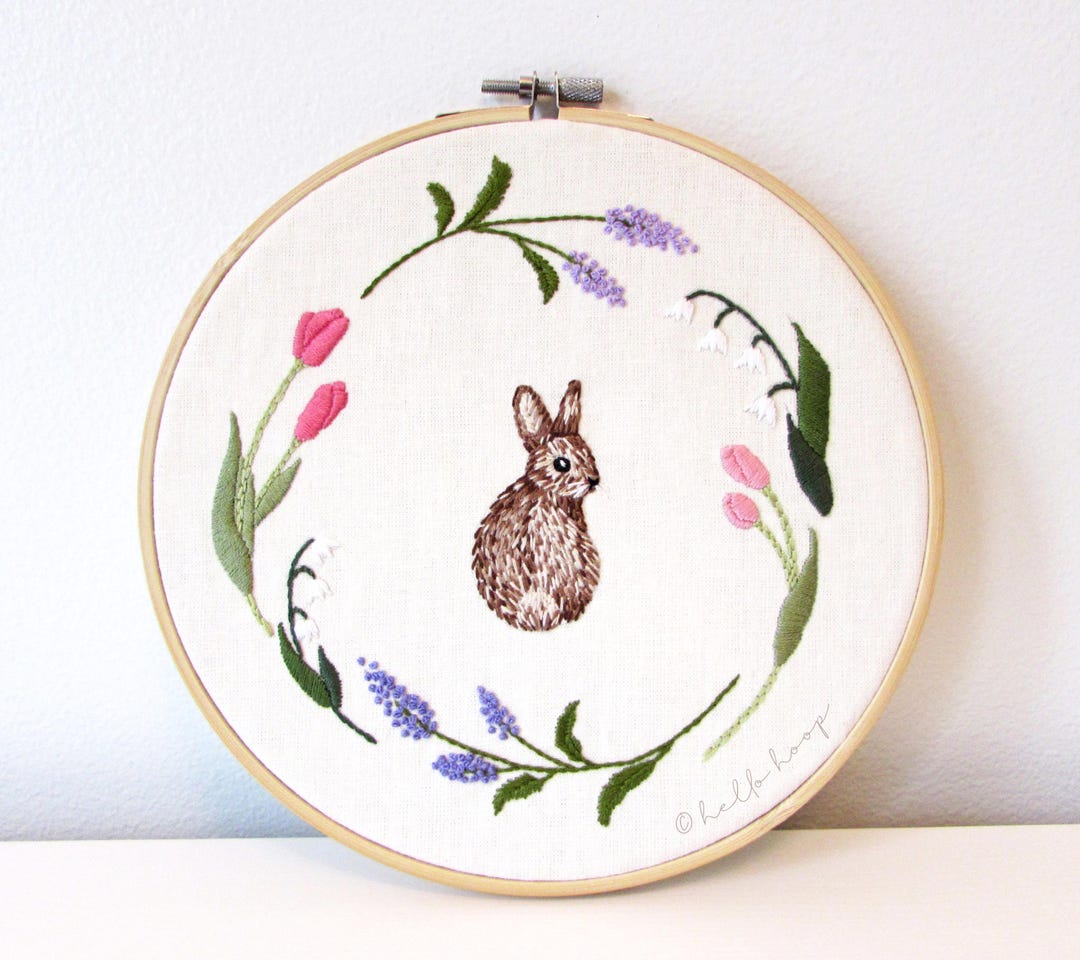 Easter Bunny Hand Embroidery Pattern - Floral Wreath Bunny Embroidery ...