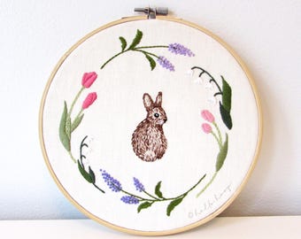 Floral Wreath Bunny Hand Embroidery Pattern (PDF Download)