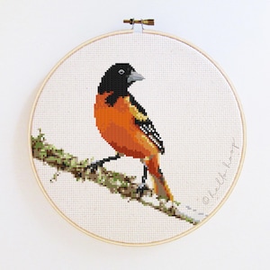 May include: Cross-stitch embroidery of an orange and black bird perched on a mossy branch. The bird is set against a white background within a wooden embroidery hoop. The text "&copy;hello hoop" is written in cursive.