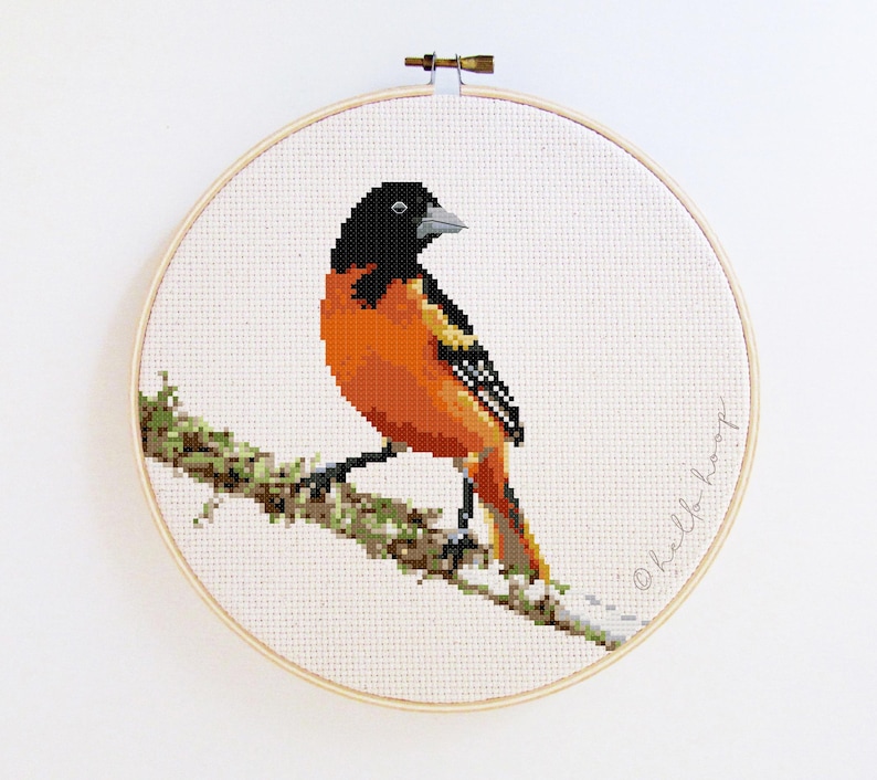 May include: Cross-stitch embroidery of an orange and black bird perched on a mossy branch. The bird is set against a white background within a wooden embroidery hoop. The text "&copy;hello hoop" is written in cursive.