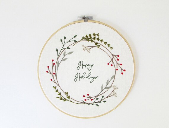 Happy Holidays Hand Embroidery Pattern Floral Wreath Pdf Etsy