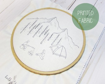 Camping Embroidery Fabric: Nature Scene Printed Cotton