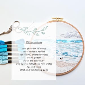May include: An embroidery hoop with a beach scene, featuring blue and white thread, is displayed next to blue embroidery floss, scissors, and a list of included PDF file contents. The text on the hoop reads "hello h".