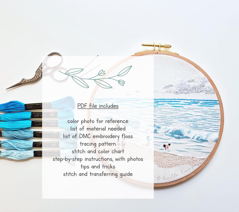 May include: An embroidery hoop with a beach scene, featuring blue and white thread, is displayed next to blue embroidery floss, scissors, and a list of included PDF file contents. The text on the hoop reads "hello h".