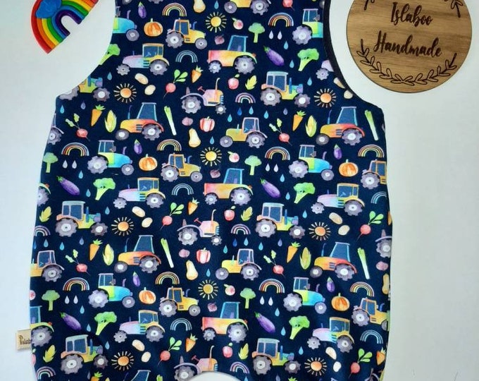 rainbow vegetable and tractor romper Rainbow tractor romper rainbow tractors dungarees rainbow veggie and tractor harem romper